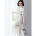 Elbow-sleeve Polka Dot A-line Midi Tiered Dress