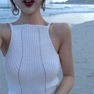 Halter-neck Open Back Ribbed Knit Top White - One Size