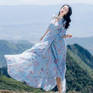 Elbow-sleeve Floral Print Midi A-line Wrap Dress