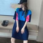 Short-sleeve Color Block Polo Dress Blue - One Size