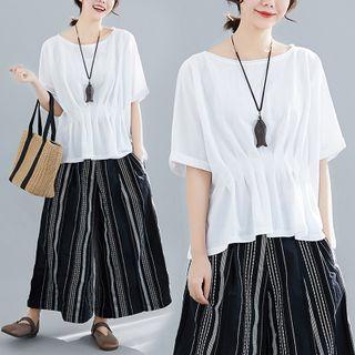 Plain Elbow-sleeve Top White - One Size