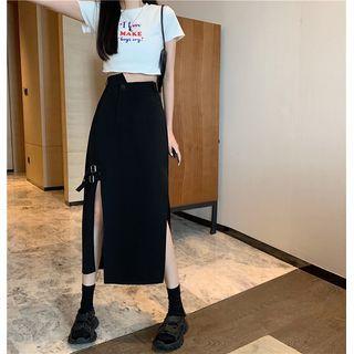Asymmetrical Buckled Midi Slit A-line Skirt