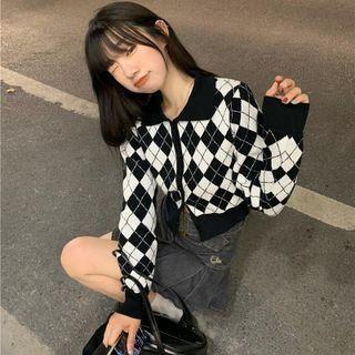 Argyle Collared Cardigan Black & White - One Size