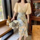 Balloon-sleeve Lace Blouse / Floral Print Midi A-line Skirt