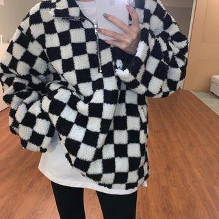 Turtleneck Plaid Faux Shearling Zip Oversize Jacket