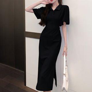 Short-sleeve Collar Cutout Midi A-line Dress