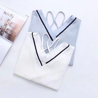 Long-sleeve Contrast Trim Cross Strap Top