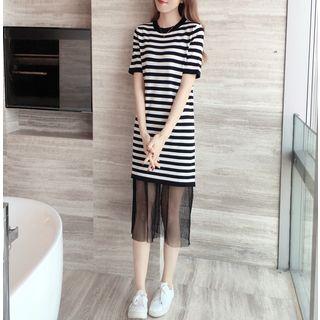 Set: Short-sleeve Striped Mini Dress + Sheer Midi Skirt