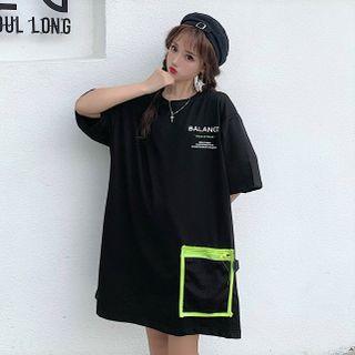 Elbow-sleeve Lettering Mesh Pocket T-shirt