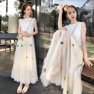 Set: Plain Tank Top + Embroidered Midi Mesh Skirt