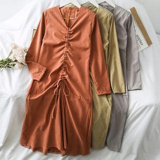Drawstring V-neck Midi Dress