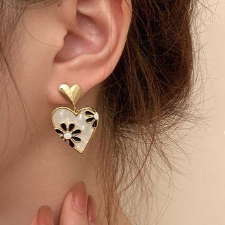 Heart Flower Glaze Alloy Dangle Earring 1 Pair - Gold & White & Black - One Size