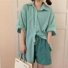 Elbow-sleeve Striped Shirt Stripe - Green - One Size