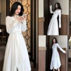 Balloon-sleeve Tie-waist Midi A-line Shirtdress White - One Size