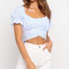 Plaid Puff Sleeve Cropped Blouse