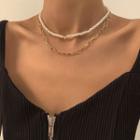 Set Of 2: Faux Pearl Alloy Heart Choker+ Chain Pendant Necklace
