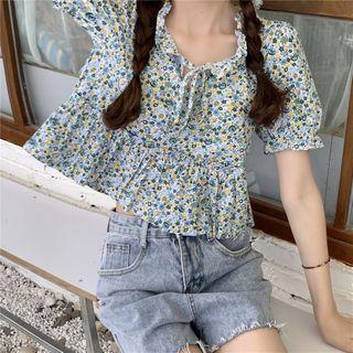 Frill-hem Tie-neck Floral Print Blouse