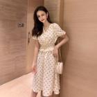Short-sleeve Ruffled Dotted A-line Dress