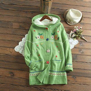 Hooded Buttoned Embroidered Knit Jacket