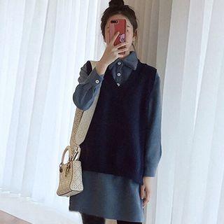 Set: V-neck Knit Vest + Mini Shirtdress