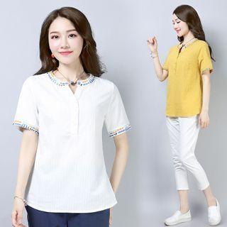 Short-sleeve Embroidered Button-up Top