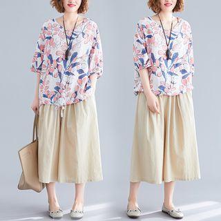 Set : Retro Print T Shirt + Wide-leg Pants