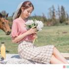 Crochet Trim Beaded Short-sleeve Round Neck Top