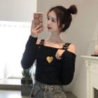Cold-shoulder Buttoned Heart Embroidered T-shirt