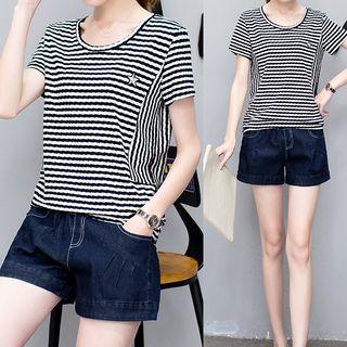Set: Striped Short-sleeve T-shirt + Denim Shorts