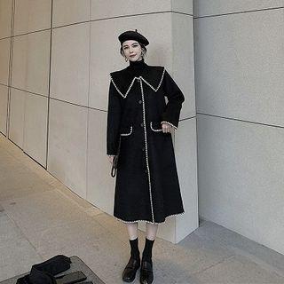 Plain Peter Pan Collar Single-breasted Long-sleeve Coat Black - One Size