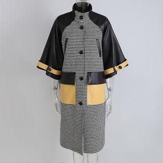 Faux Leather Panel Button Coat Black & Yellow - One Size