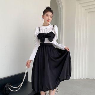 Puff-sleeve Shirt / Bow Camisole Top / Midi A-line Skirt