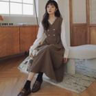 Long Sleeve V-neck Two Tone Midi A-line Dress