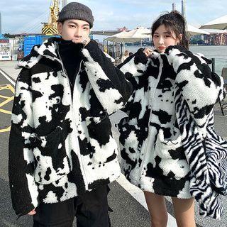 Couple Matching Cow Print Fleece Zipped Hooded Jacket