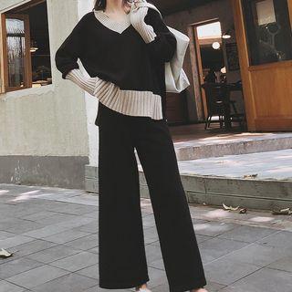Set: V-neck Contrast-trim Sweater + Straight-leg Pants