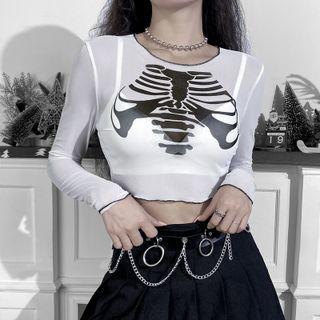 Long-sleeve Skull Print Cropped T-shirt