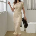 Short-sleeve Knit Maxi Sheath Dress Almond - One Size