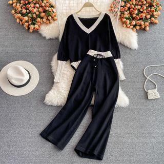 Set: V-neck Color Block Knit Top + Wide Leg Pants