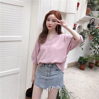 Buttoned Back V-neck Elbow-sleeve Blouse