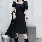 Bow-back Square-neck Puff-sleeve Dress Black - One Size