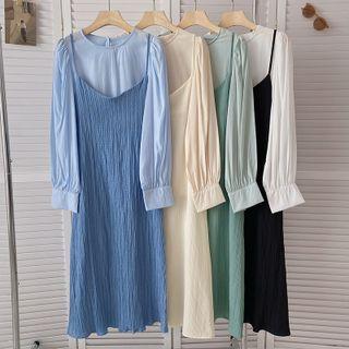 Set: Spaghetti Strap Shirred Midi Dress + Shirt