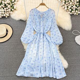 Puff Sleeve Tie Neck A-line Chiffon Dress