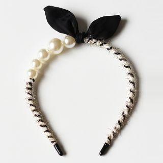 Bow Faux Pearl Headband 01 - 1pc - Black & White - One Size