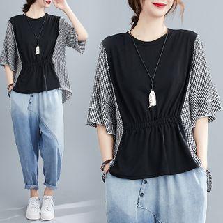 Elbow-sleeve Checked Paneled Irregular Blouse