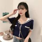 Short-sleeve Sailor Collar Knit Top Blue - One Size