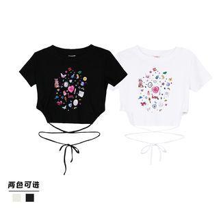 Cartoon Print Short Sleeves Knit Crop Top