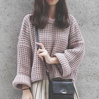 Set: Crew-neck Chunky Knit Sweater + High Waist A-line Skirt