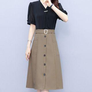 Set: Short-sleeve Tie-neck Blouse + High-waist A-line Skirt