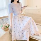 Set: Short-sleeve Lace Panel Top + Floral A-line Chiffon Skirt