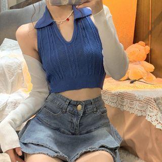 Sleeveless Collared Knit Top / Long-sleeve Shrug